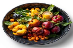 Фаршированная утка с яблоками и клюквой, подается с картофелем