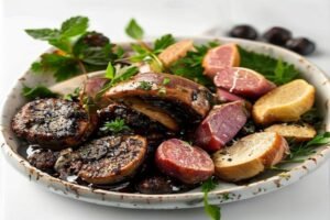 Фаршированные блины с мясом и грибами, подаются с сметаной