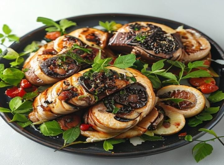 Фаршированные блины с мясом и грибами, подаются с сметаной и зеленью