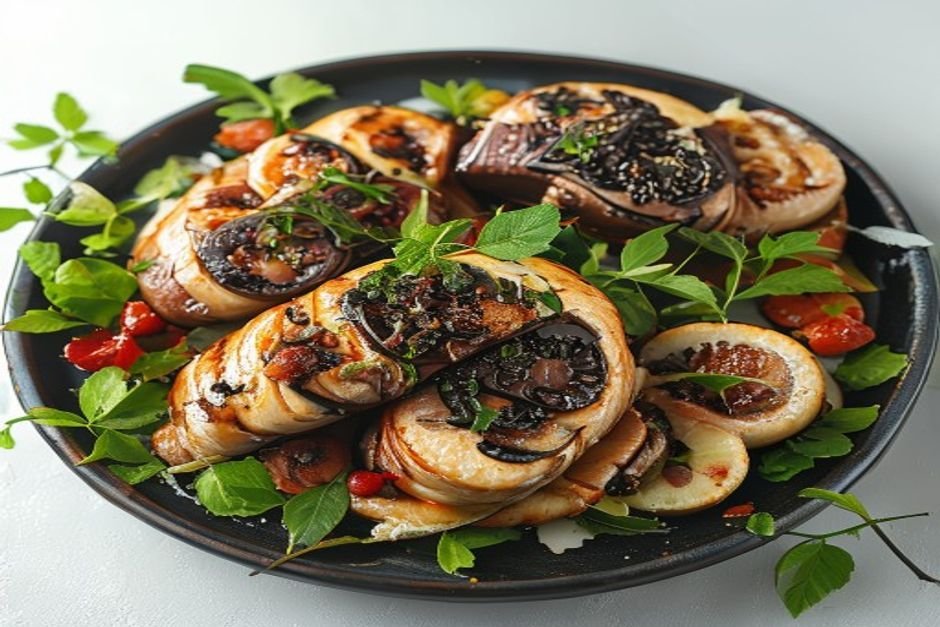 Фаршированные блины с мясом и грибами, подаются с сметаной и зеленью