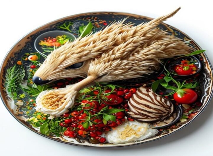 Гусятина по-китайски с овощами и кунжутом, подается с рисом и красным перцем