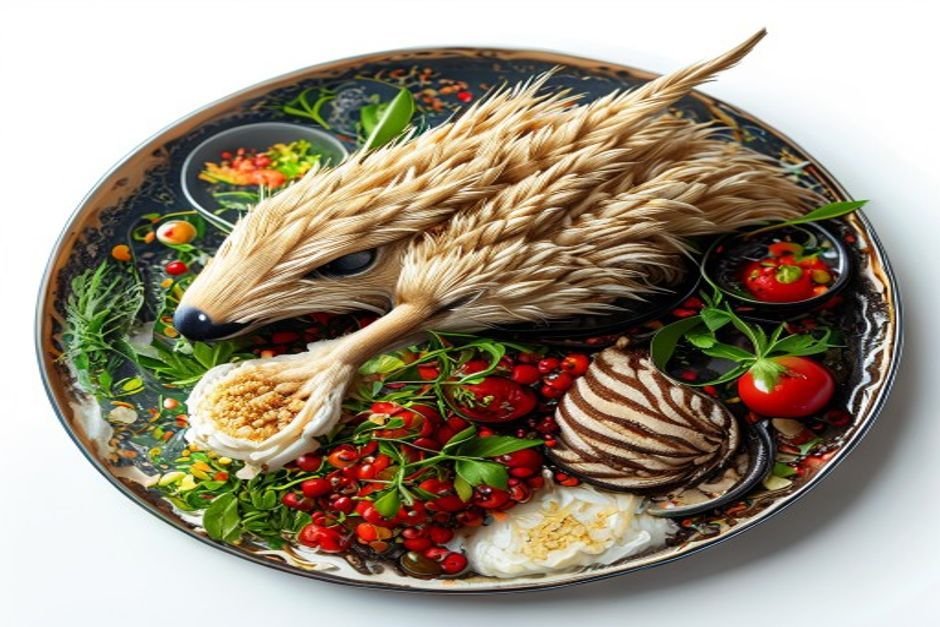 Гусятина по-китайски с овощами и кунжутом, подается с рисом и красным перцем