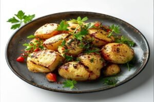 Картофель с лососем и сыром, подается с соусом бешамель