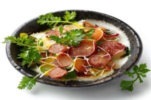 Картофельный салат с горчицей и колбасой в майонезе
