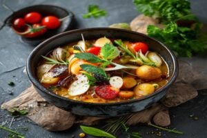Картофельный суп с колбасой и горошком