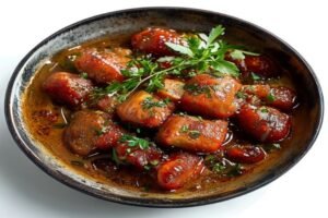 Картофельный суп с колбасой и горошком, подается с сухариками
