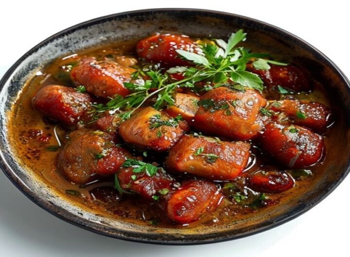 Картофельный суп с колбасой и горошком, подается с сухариками