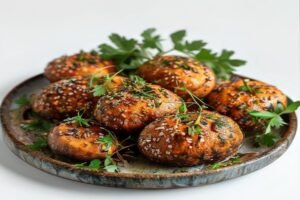 Курица в сметане с грибами и луком, подается с картофельным пюре