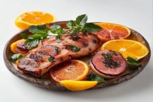 Мясо в сахарной глазури с апельсинами