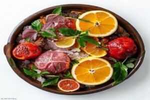 Мясо в сахарной глазури с апельсинами и имбирем