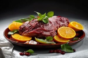 Мясо в сахарной глазури с апельсинами и имбирем, подается с рисом