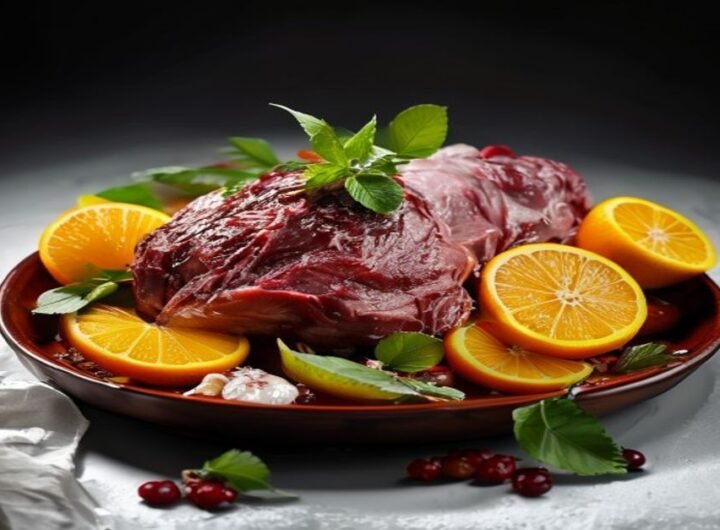 Мясо в сахарной глазури с апельсинами и имбирем, подается с рисом