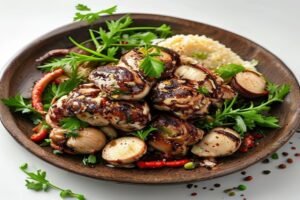 Мясо в сливочном соусе с грибами и зеленью, подается с рисом