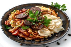 Паста с говяжьим филе и грибами