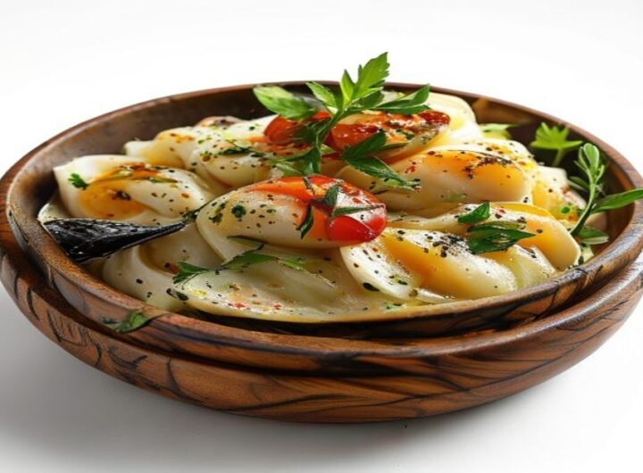 Пельмени с картофелем и тушенкой, подаются с сметаной