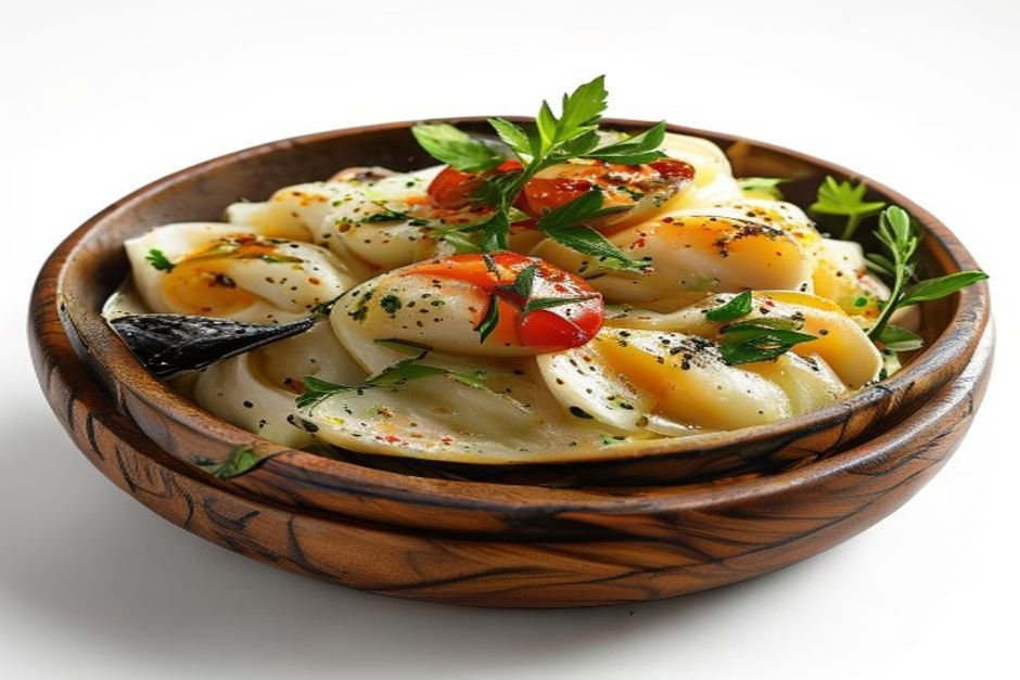 Пельмени с картофелем и тушенкой, подаются с сметаной