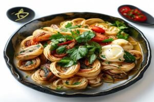 Пельмени с тушенкой, подаются с картофельным пюре и зеленью