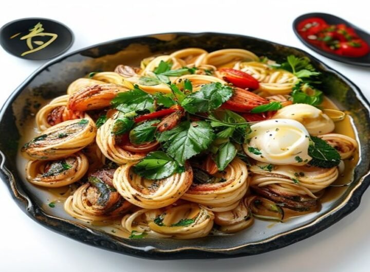 Пельмени с тушенкой, подаются с картофельным пюре и зеленью