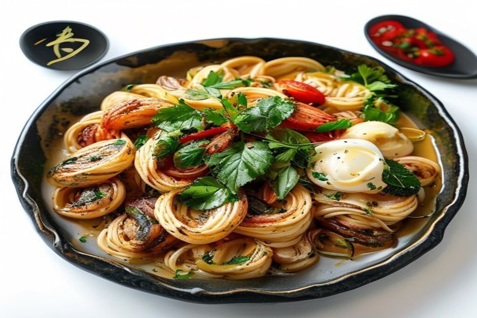 Пельмени с тушенкой, подаются с картофельным пюре и зеленью