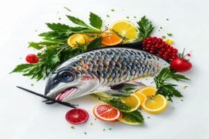 Рыбное филе с овощами и лимоном, подается с картофельным пюре