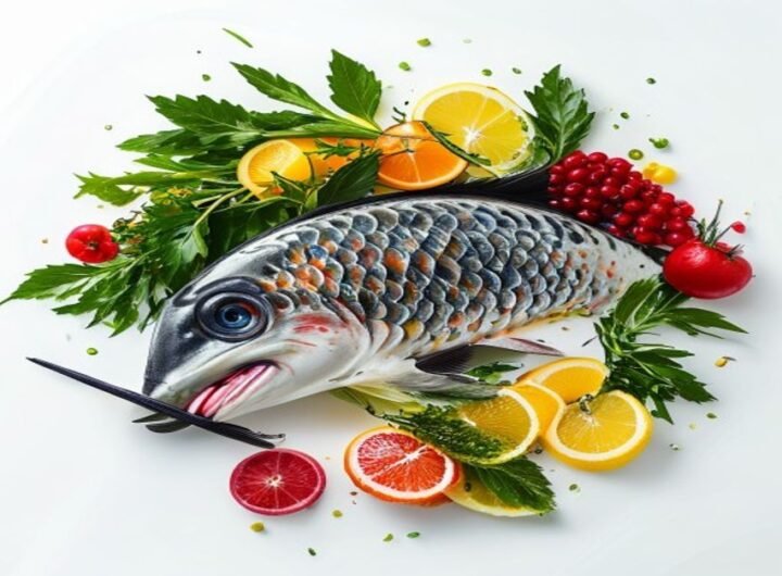 Рыбное филе с овощами и лимоном, подается с картофельным пюре