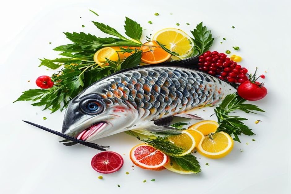 Рыбное филе с овощами и лимоном, подается с картофельным пюре