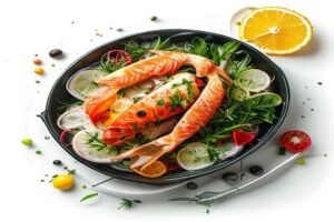 Рыбное филе с овощами и лимоном, подается с рисом