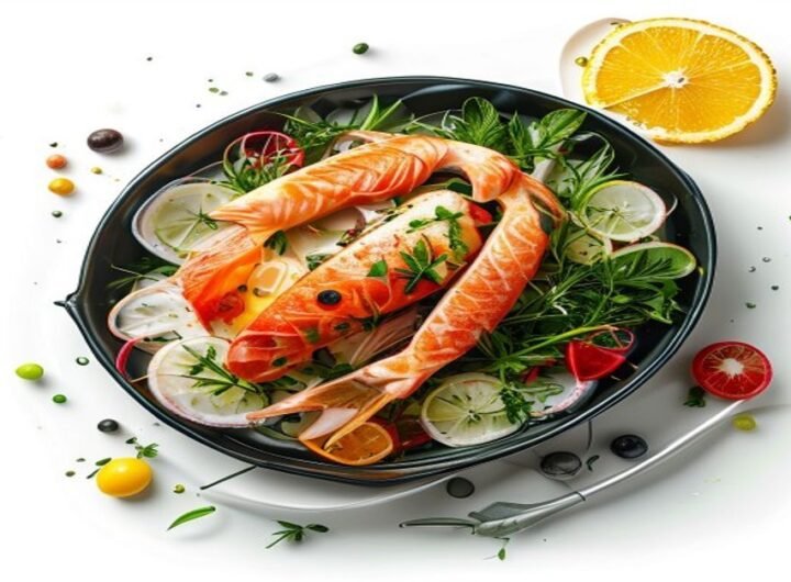 Рыбное филе с овощами и лимоном, подается с рисом