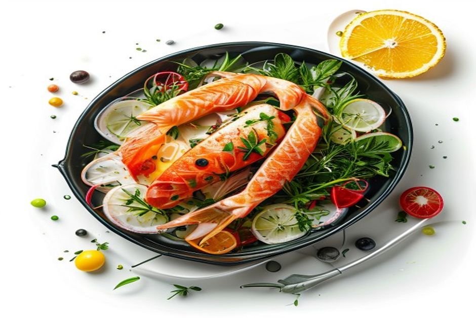 Рыбное филе с овощами и лимоном, подается с рисом