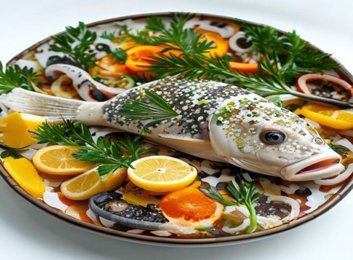 Рыбное филе с овощами и лимоном, подается с рисом и кунжутом