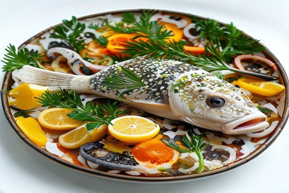 Рыбное филе с овощами и лимоном, подается с рисом и кунжутом