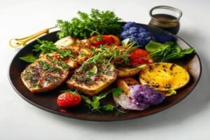 Шашлык из лосося с овощами и томатами