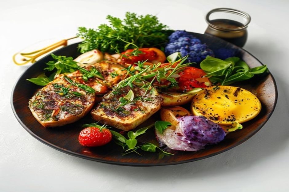 Шашлык из лосося с овощами и томатами