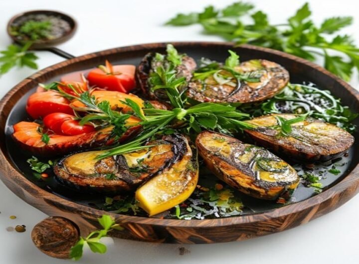 Шашлык из лосося с овощами и томатами, посыпанный зеленью