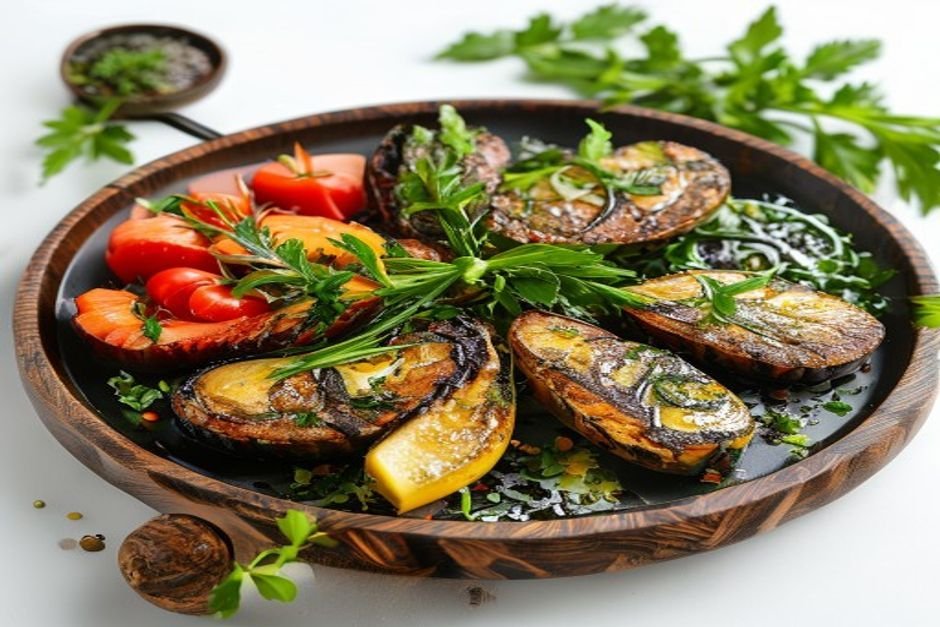 Шашлык из лосося с овощами и томатами, посыпанный зеленью
