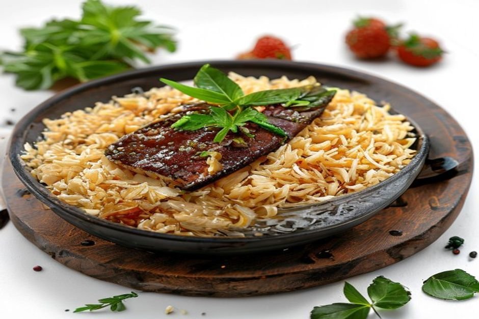 Суп-харчо с говядиной и рисом, посыпанный зеленью
