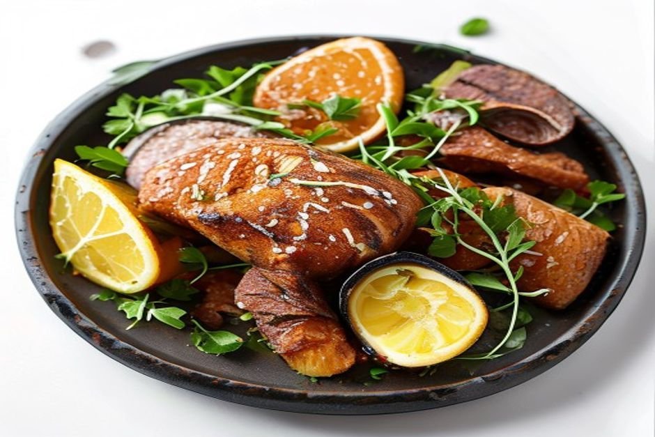 Свиные котлеты с картофельными лепешками и горчицей, подаются с кетчупом
