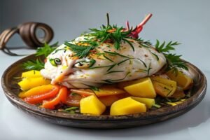 Жареный лосось с картофельными дольками и розмарином