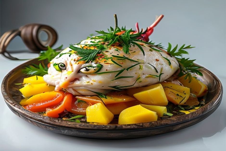 Жареный лосось с картофельными дольками и розмарином